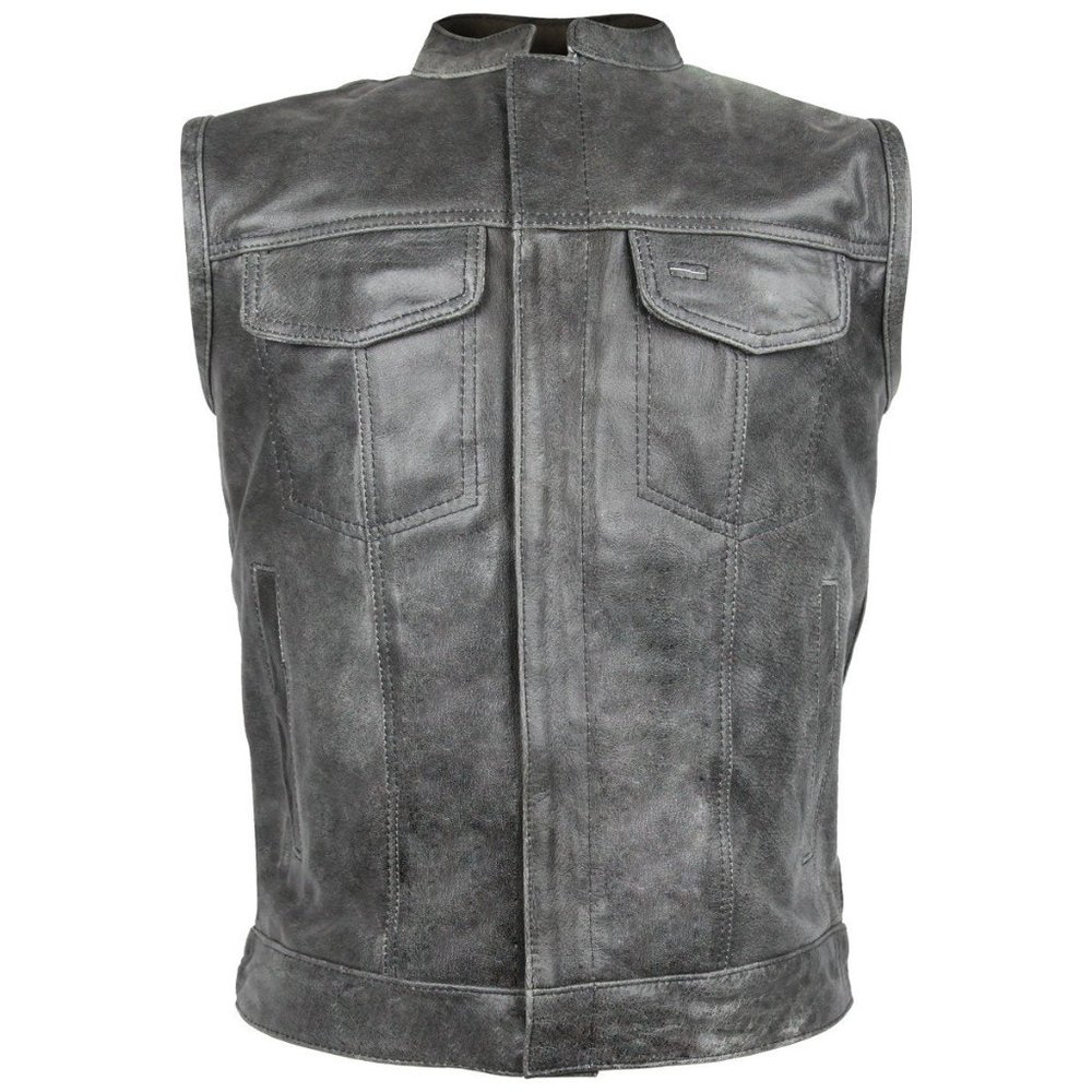 Men's Distressed Gray Motorcycle Club Leather Vest Concealed Carry Pocket